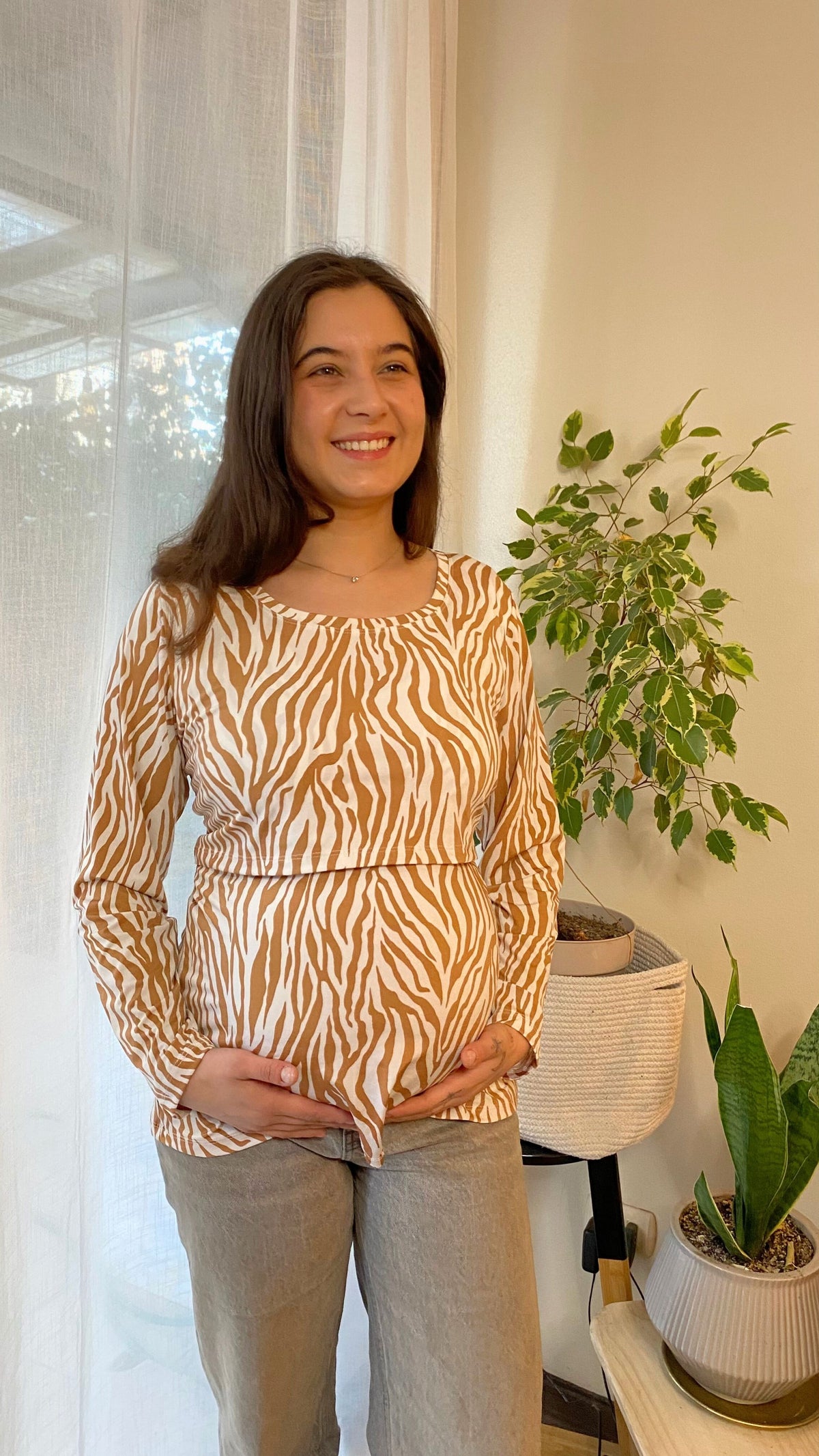 Polera Maternal y Lactancia Animal Print Café