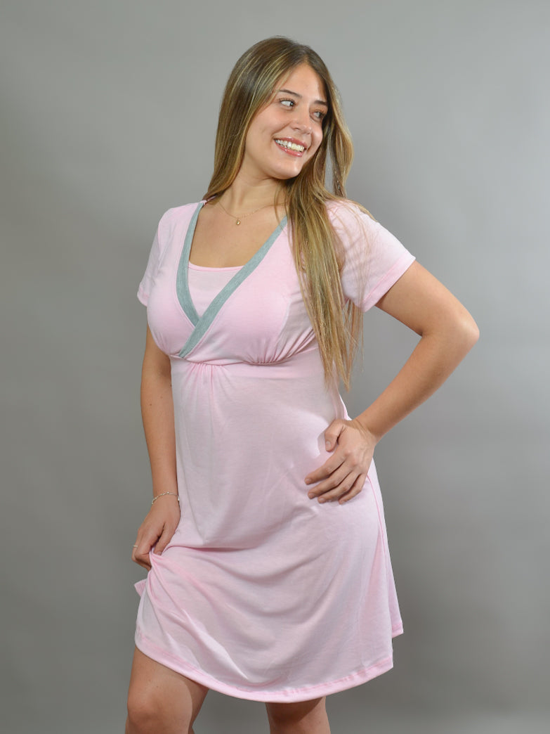 Camisa de Dormir Maternal y Lactancia Verano Rosa / Gris