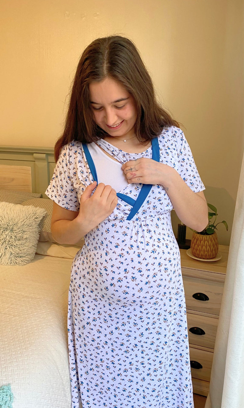 Camisa de Dormir Maternal y Lactancia Verano Petróleo Floreada