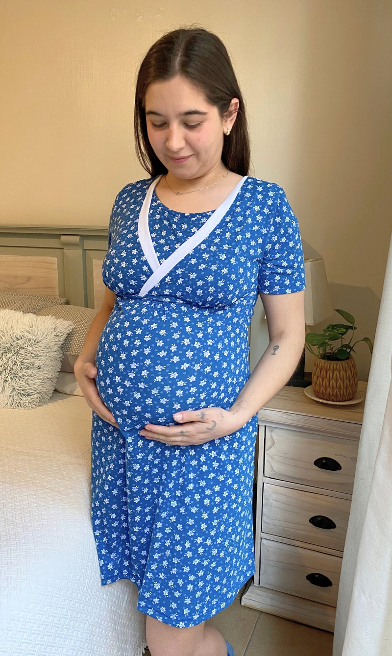 Camisa de Dormir Maternal y Lactancia Invierno Azul Petróleo